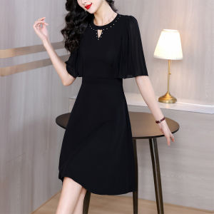 MAIMEI | Black French Style Short Sleeve Midi Dress Womens Summer New Elegant Lady Skirt Gathered Hemline Korean Version Soft Polyester