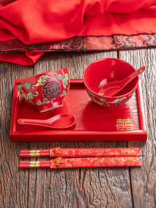 Chinese Red Ceramic Wedding Eating Bowl Couple a Pair of Bowl Wedding Dowry Gift Bridesmaid Gift Bowl Chopsticks Spoon Set