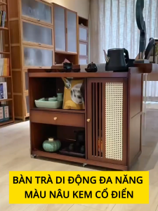 Bàn trà điện có bánh xe di động thông minh 3 màu đen nâu vàng Tủ trà đạo nhỏ gọn phong cách Vintage decor đẹp