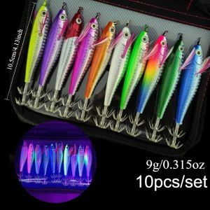Ackibbik 10pcs Glow Squid Jig Lures Saltwater Luminous Squid Bait Hooks Fishing Shrimp Prawn Lures for Cuttlefish Octopus
