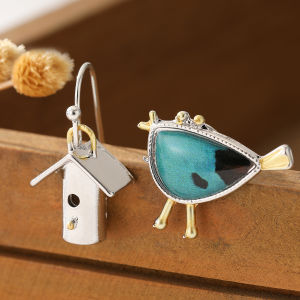 Cartoon Asymmetrical Two-Color Birdhouse Pendant Earrings for Ladies Suitable for Fresh and Elegant Daily Casual Outfits