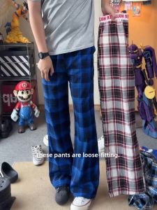 Plaid Alphabet Waistband Splice Loose Fit Mens Straight Trousers