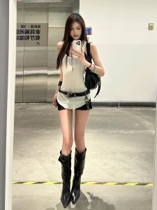 สไตล์อเมริกัน ลูกไม้ Splice Irregular เสื้อครอป สลิมฟิต ฤดูร้อน ผู้หญิง เสื้อกั๊ก เสื้อ Pure Desire เซ็กซี่ อินเทรนด์ สไตล์ Ins