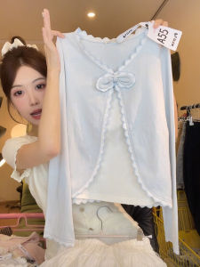 Fresh Splice Fake Two-Piece Overlap Short Womens Miu Series 3D Butterfly Knot Splice Color Block Ruffle V-Neck Long Sleeve T-Shirt