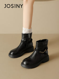 Josiny | Thick Bottom Womens Ankle Boots Black Fur-lined Knight Style