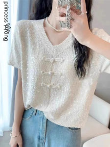 WANGGONGZHU | Princess Style Ice Silk Short Sleeve T-Shirt Womens V Neck Button Design Summer New Fashion Retro Straight Cut Top Shirt