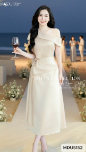 Váy Thiết Kế MDU5152 Lụa Satin Be Champagne Dáng Ôm Nhẹ Cổ Lệch Vai Hiện Đại Chiết Eo Tinh Tế Sang Trọng Từ MDU