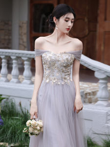 Elegant Grey Maids Dress Korean Style Embroidered Short Sleeve Long Gown for Wedding Party Sister Suit Female Model