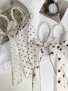 New Polka Dot Pearl Necklace Small Silk Scarf Womens Spring Summer Versatile Fairy Little Silk Ribbon Ins Style Hair Scarf