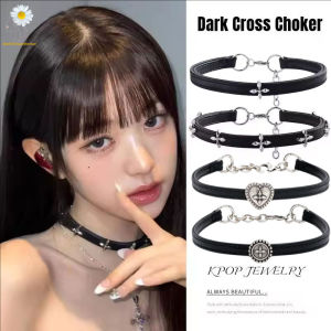 สร้อยคอโชคเกอร์หนัง PU สีดำสำหรับผู้หญิงผู้ชายโช้คเกอร์พังก์โกธิคเจ๋งติดกระดุมโลหะหนัง