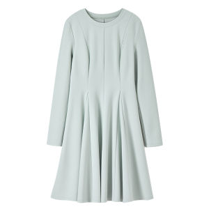 Elegant Long Sleeve Slim Fit round Neck Dress Womens Autumn New Style Waist Cinched A-Line Skirt Casual Cotton Polyester Blend
