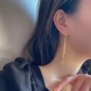 2025 New 925 Sterling Silver Star Moon Tassel Earrings for Women Simple Long Cut out Design Fashionable Jewelry Accessory