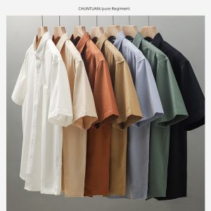 Áo Sơ Mi Cotton Nặng Kiểu Mỹ Áo Sơ Mi Trắng Thường Ngày Rộng Rãi Mẫu Mới Mùa Hè Cộc Tay Cho Nam Áo Cổ Bẻ Sành Điệu