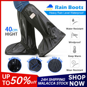 Rain Boot Shoe Cover 1 Pair Black Waterproof with Reflector High Top Motorcycle Shoe Covers Non-Slip Rain Boots Elastic Kasut 雨靴