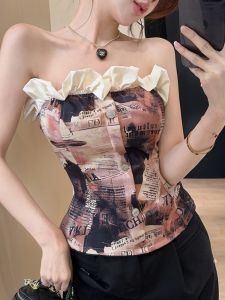 GUZILIAN | Street Style Sleeveless Vest Womens Outerwear Hot Girl Retro Print Summer Pure Desire Fashion Wooden Edge Print Color Block Backless Top