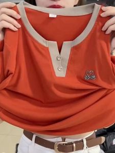 QIAOXIZI | V-Neck Long Sleeve T-Shirt for Women - Fashionable Plus Size Ageless Tummy Concealing Slimming