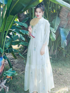 New Chinese Style Lightweight White Embroidered Cheongsam Dress Womens Spring Autumn Thin Foldable Skirt Style Long Dress