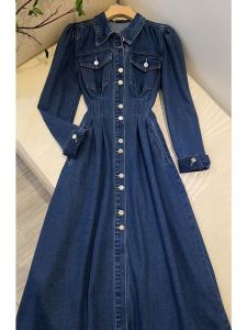 เรียบหรู พรางหุ่น โปโลแขนยาววินเทจ เดรส สีฟ้า เดนิม ผู้หญิง สูง เอว กระโปรงทรงเอ สไตล์ ฤดูใบไม้ผลิ ฤดูใบไม้ร่วง แฟชั่น เดรส