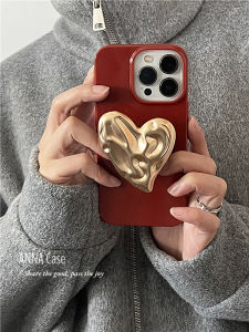 Annacase Premium Wine Red Gold Heart Shaped Silicone Phone Case with Stand Full Cover Protection for iPhone 16 pro Max Apple 15 11 New Model 12 14