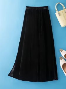 XMO | Silk Velvet A-Line Long Skirt Elastic High Waist Stylish Black Commute-friendly Slit with Pockets
