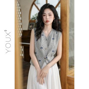 YOUXIANG | Áo Blouse Vòng Cổ V Không Tay Thêu Hoa