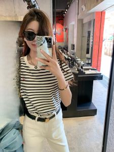 Loose Fit round Neck Short Sleeve Striped T-Shirt Women Casual Versatile Spring New Arrival Black Apricot Striped Top