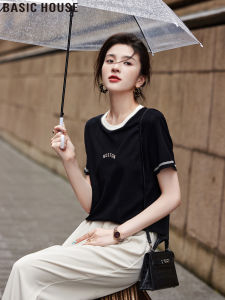 Basic House Color Block Short Sleeve Embroidered Loose Fit Womens T-Shirt Summer New Arrival Shoulder Width Regular round Neck