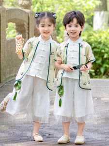 ชุดนักเรียนอนุบาลสไตล์จีนโบราณ ชุดฤดูร้อนสำหรับเด็กชายและเด็กหญิง ชุดการแสดงอ่านบทกวี เสื้อผ้าเด็กผ้าฝ้ายลินิน ชุดฮันฟู