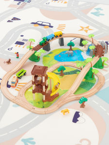 iekool | Educational Wooden Train Tracks Set With Logging Camp and Parking Garage Electric Car Compatible Toy