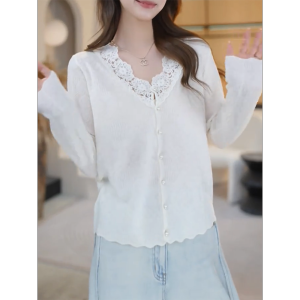 QINGNAER | French V-neck Lace Edge Plus Size Fashionable Elegantly Stylish Autumn Womens Cardigan