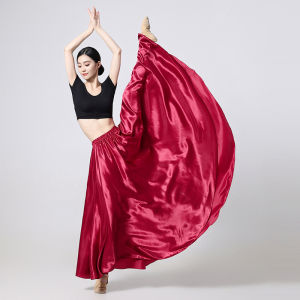 Womens Satin Long Skirt with Elastic Waistband for Ballroom Latin Belly Dance Full Circle Performance Skirt