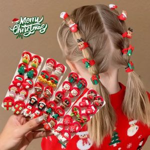 10Pcs/Set Kids Girls Christmas Hair Ties Cute Santa Claus & Reindeer Design Festive Hair Accessories Holiday Parties Decorations