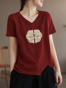 Export Export Cut Label National Style Pure Cotton T-Shirt Womens Short Sleeve Classy Summer V Neck Elegant Slim-Fit Casual Shirt