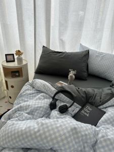 Blue Plaid Washed Cotton Bedding Set Simple Ins Style Warmth Storage King Size Bed Linen Three Piece Dormitory Quilt Cover