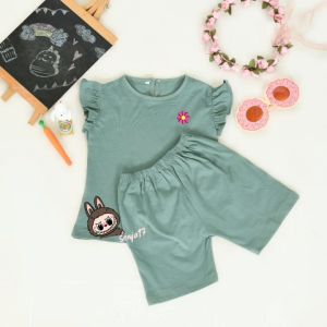 SETELAN ANAK LABUBU KAOS COTTON COMBED WARNA MINERAL GREENUSIA 2-9 TAHUN