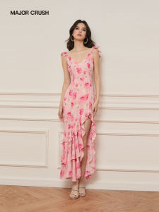 French Style Romantic Rose Print Halter Backless Dress