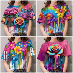 Womens round neck T-shirts bright color tops oversized rainbow floral print large size pullover T-shirts 2025 new womens clothing
