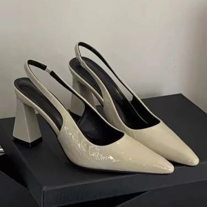 Womens French style pointed toe sandals lacquered leather square high heel Pumps