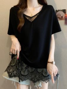 AIYITI | Large Plus Size Lace Trimmed Black V-neck Short Sleeve T-shirt