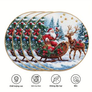 Bộ 4 Miếng Lót Bàn Hình Xe Trượt Tuyết Của Ông Già Noel VIKAMA Với Hình Tuần Lộc Và Ngôi Sao Vàng Trang Trí Bàn Ăn Ngày Lễ Chất Liệu Polyester Dễ Chăm Sóc Và Chống Mài Mòn