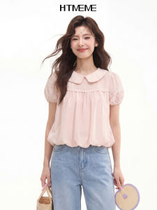 HTMEME | Original Pink Peter Pan Collar Ruffled Puff Sleeve Womens Summer Shirt