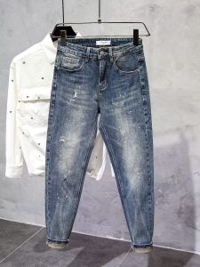 Slim Fit Mens Jeans Spring Autumn New Style Splatter Paint Vintage Blue Cat Hole Trendy Brand Handsome Long Pants