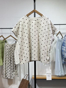 Summer New Casual Japanese Harajuku Polka Dot round Neck Commute Loose Pure Cotton Short Sleeve T Shirt Top Womens Fashion