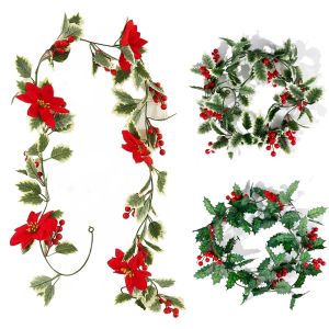 2M Artificial Red Berries Leaf Vine Foliage Rattan Garland Christmas DIY Wreath Door Window Table Stair Decor Xmas Tree Hanging Ornaments Festival New Year Wedding Decoration
