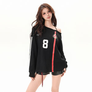 Áo Nỉ in Chữ Cổ Treo Vai Hở Vai Phong Cách Đường Phố Mỹ Dành Cho Nữ Mùa Thu Mới Áo Nỉ in Chữ Số Thời Trang