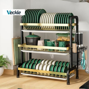 Veckle 2/3 Tiers Dish Drying Rack Countertop Drainer Dish Rack Plate Storage Shelf Kitchen Organizer Carbon Steel Tableware Holder