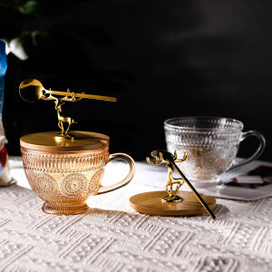 Embossed SUNFLOWER Breakfast Cup with Cover Spoon Large Capacity Sour Milk Oatmeal Cup Glass Nordic Instagram Style