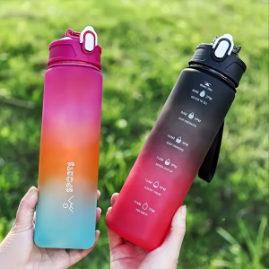 750ML Leakproof Portable Water Bottle with Straw Lid Carry Loop Gradient Color Hydration Tracking Scale for Sports Drink Bottle