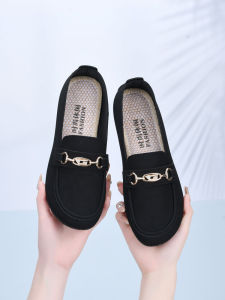 ฤดูใบไม้ผลิฤดูใบไม้ร่วงรองเท้าผ้าปักกิ่งรองเท้าทํางานลื่นสําหรับผู้หญิงสีดํานุ่มสบายสไตล์ลําลองส้นแบนรอบหัว