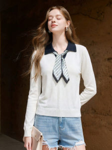 XIANGYING | Áo Sơ Mi Knit Cổ Polo Dài Tay Kèm Khăn Lụa Vải Linen Trắng